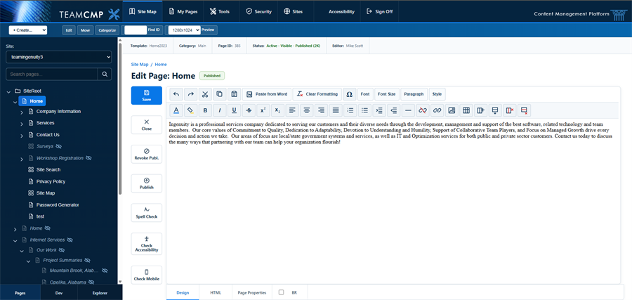 Screenshot of the TeamCMP content editor showing the page editing interface